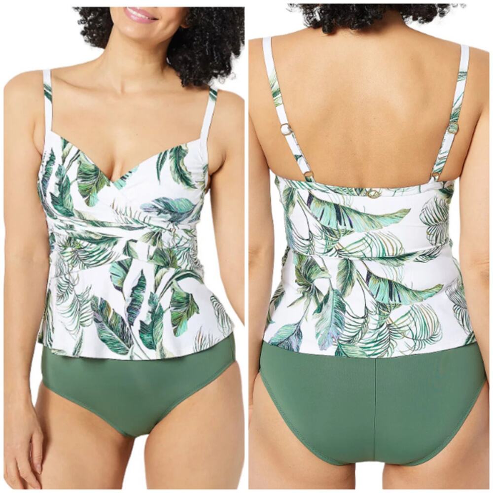 Jantzen NWT Peplum Tankini Top Padded Removeable Cups Tropical Green 28W